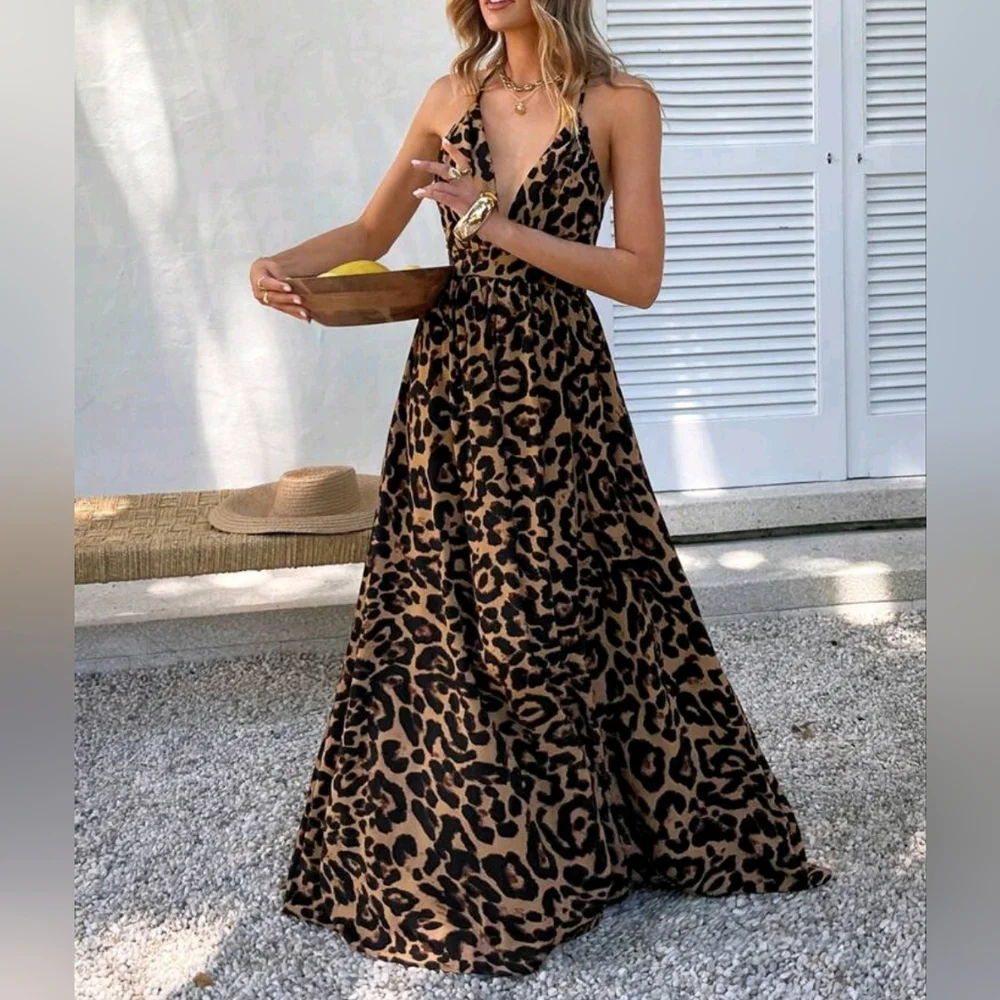 New Flowy Boho Leopard Print Maxi Dress Plunge V Neck Halter Long Black Brown - Picture 6 of 11